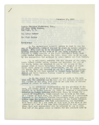 (SPORTS--BASEBALL.) Robinson, Jackie. His signed investment agreement for Jackie Robinson Clothiers, Inc.